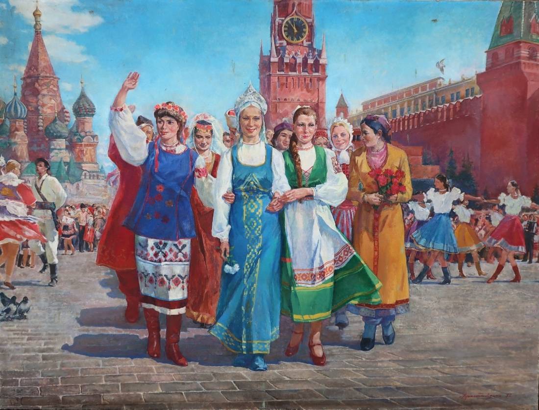 Vibrant blue R. folk dress in Pristalenko V.A. Oil painting Friendship of Peoples