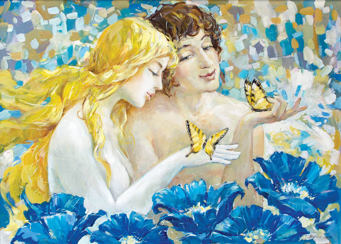 Oil painting Adam and Eve by Dubinin Yurii with butterflies and flowers