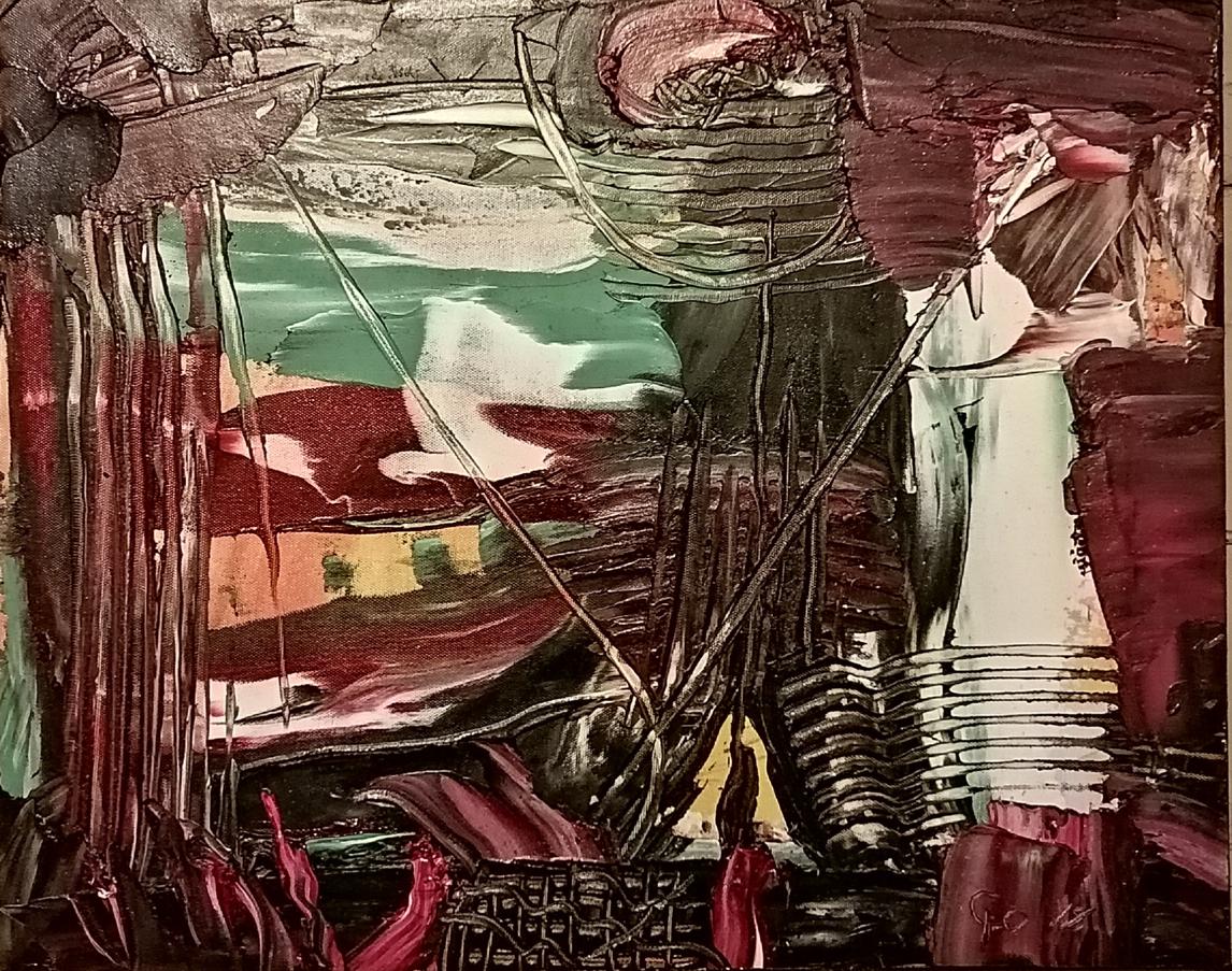 Abstract oil painting Come back home by Yushkov Svatoslav in bold reds and greens