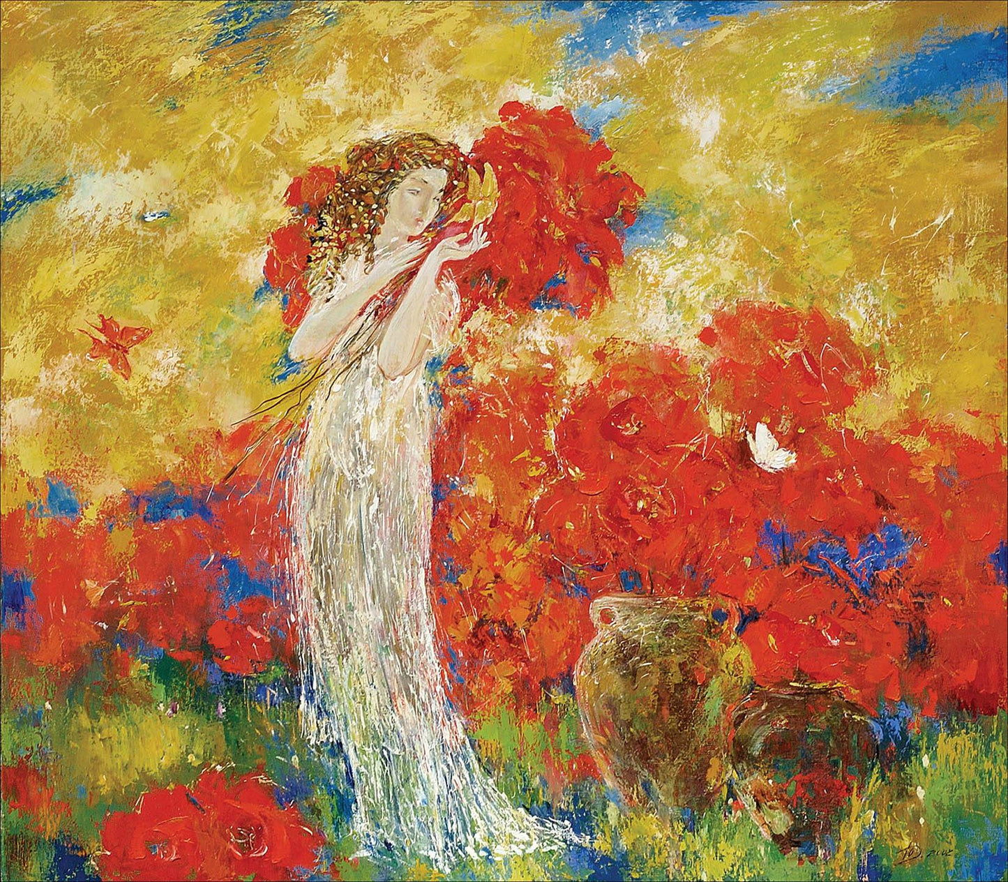 Oil painting Summer Dubinin Yurii: woman in white gown amid red flowers