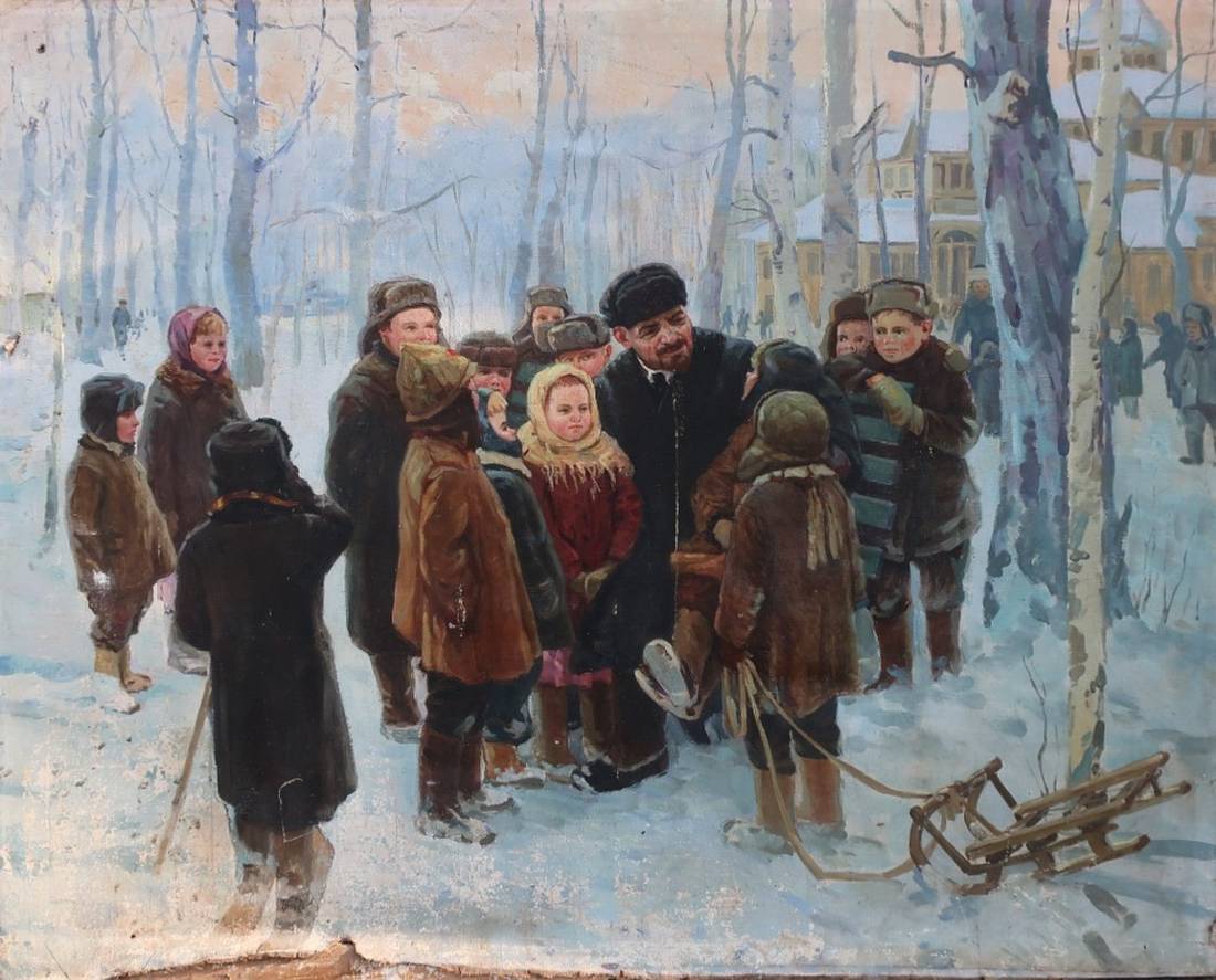 Oil painting of Lenin with children: wooden sled with rope handle on snow