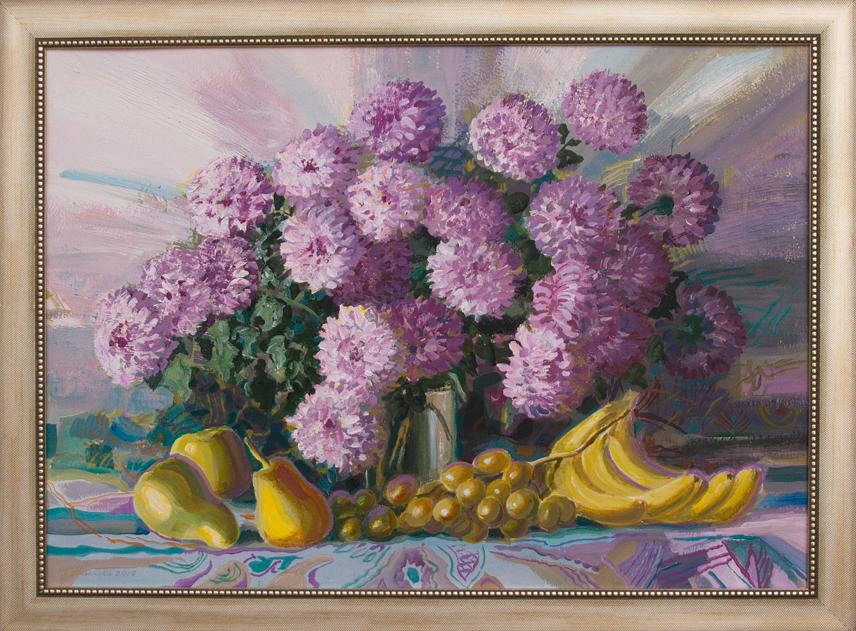 Vibrant acrylic painting of purple chrysanthemums, pears, bananas by Yushkov Svatoslav
