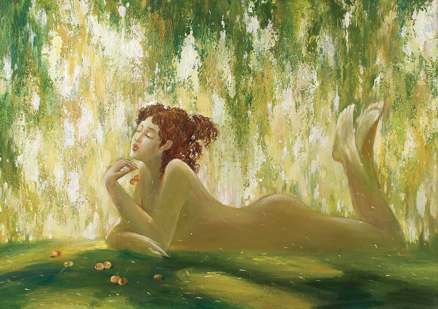 Oil painting Merry Dubinin Yurii: nude redhead reclining under willow branches