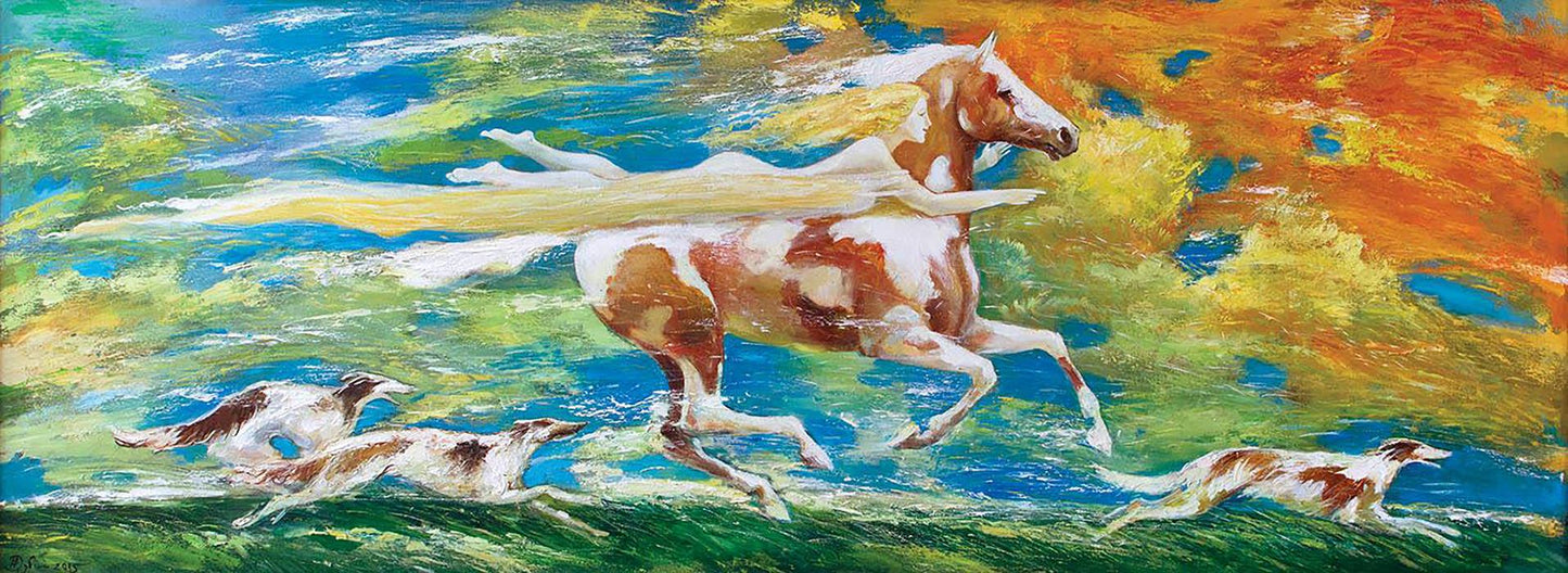 Dynamic acrylic painting of pinto horse Artemis on the hunt by Dubinin Yurii