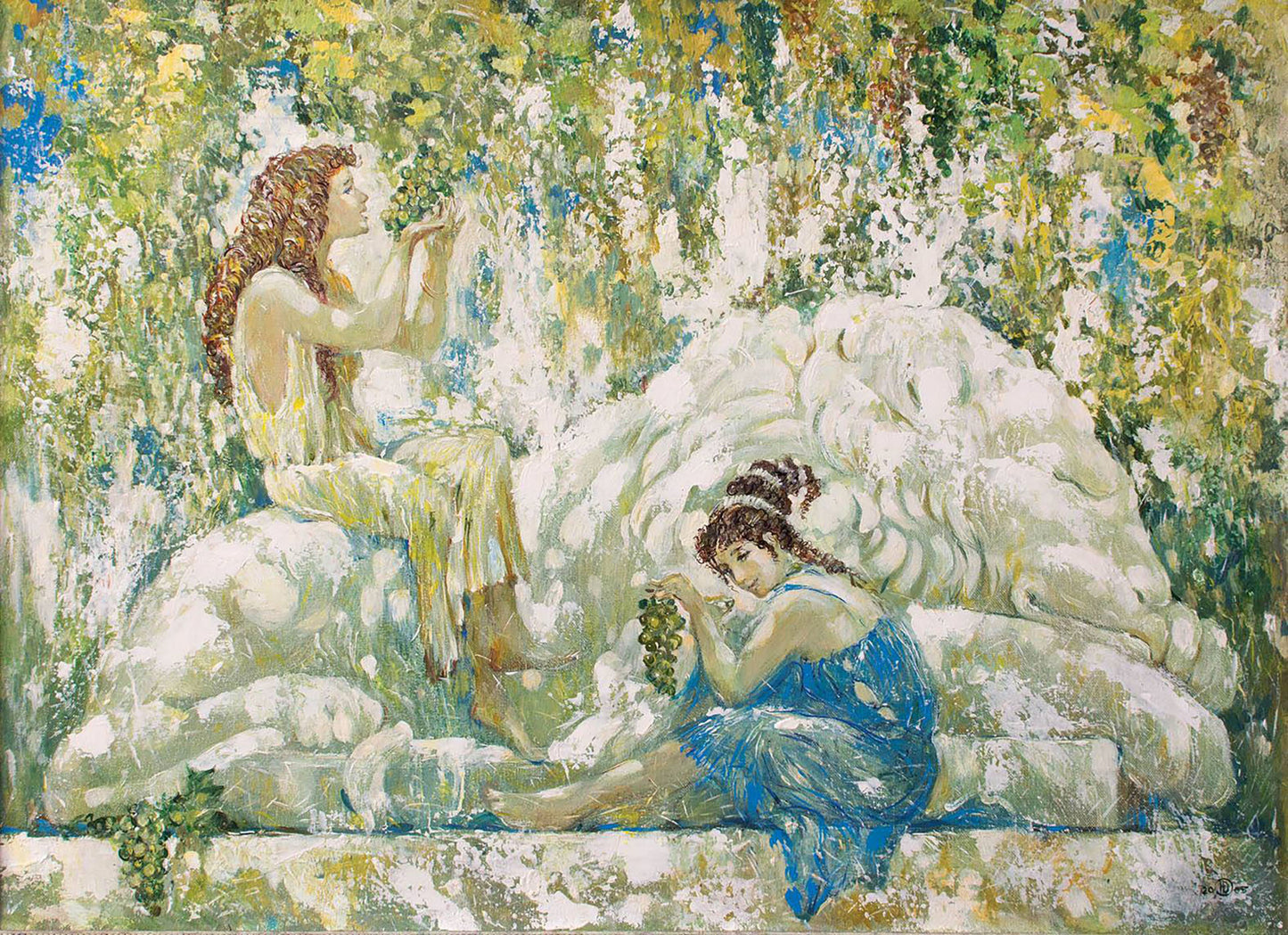 Oil painting Raisins by Dubinin Yurii: two women in colorful gowns amid greenery