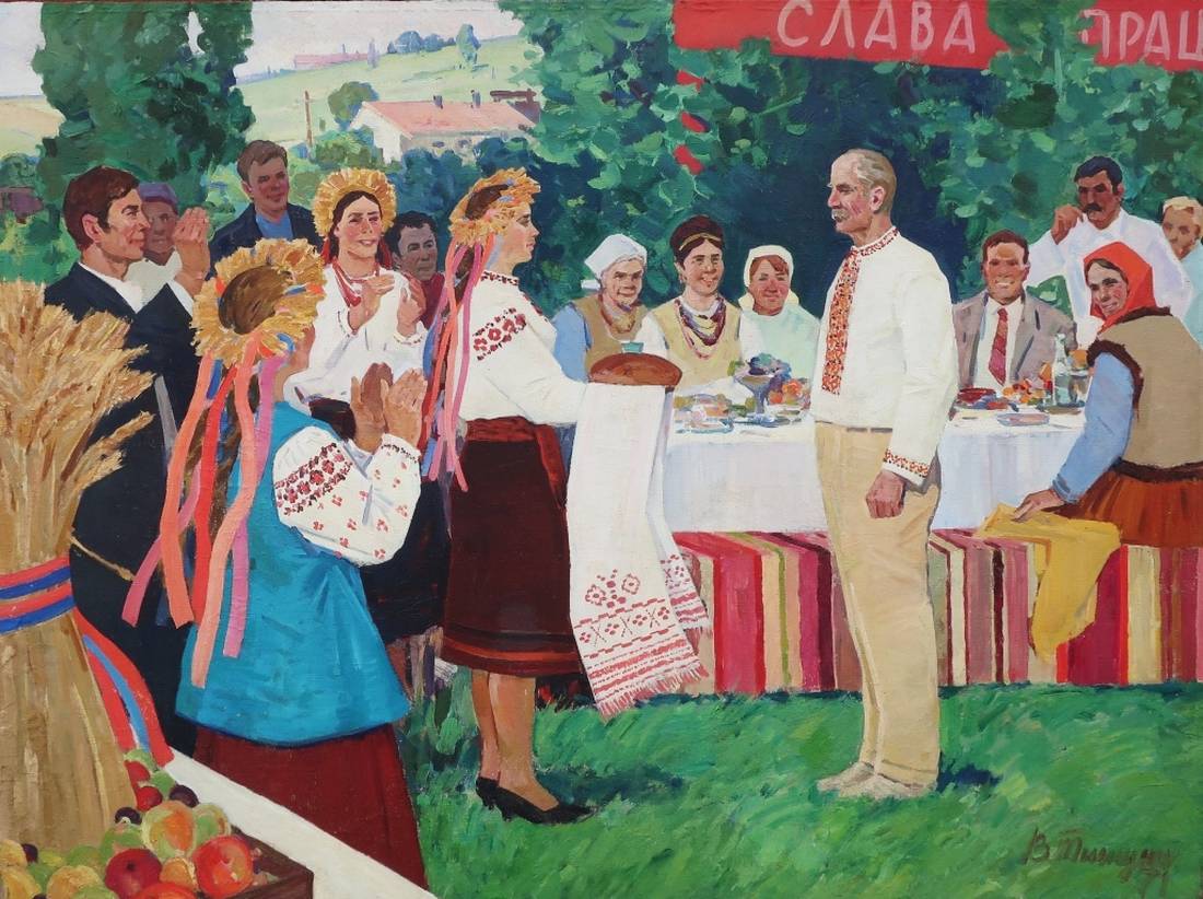 Oil painting by Tishunin V.I. of man at harvest festival in folk attire
