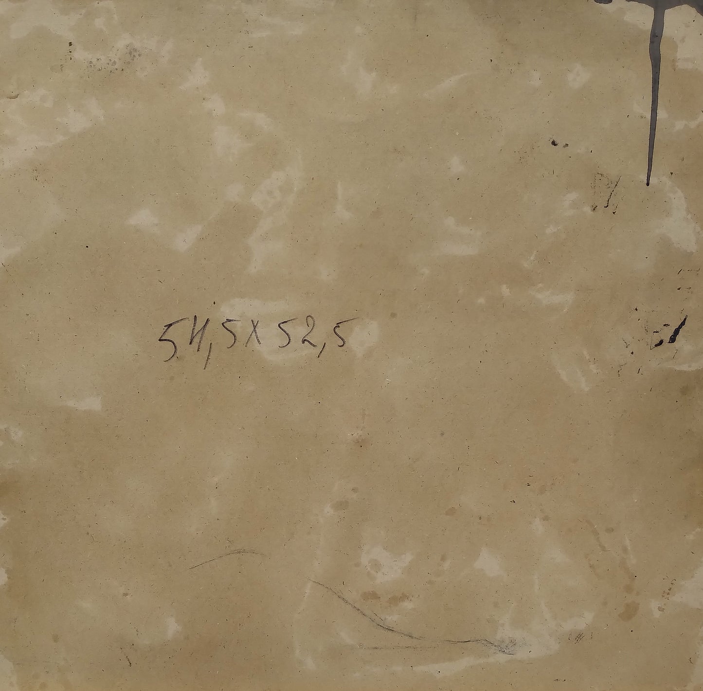 Back of Oil painting Officers in the restaurant by Alexander Litvinov with beige textured surface, handwritten measurements and faint pencil sketch