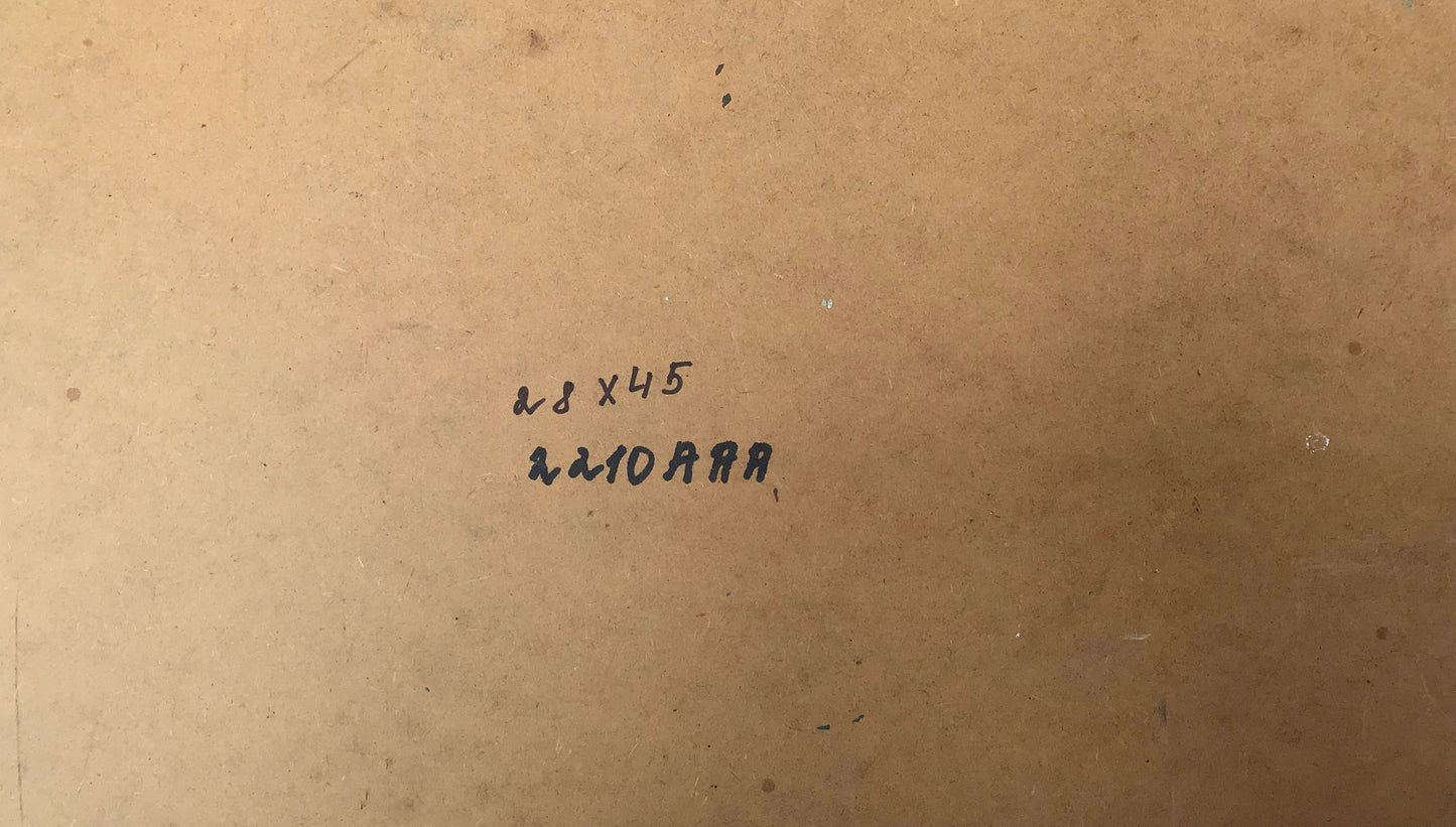 Back of Alexander Arkadievich Litvinov oil painting ships at sea with handwritten 28 x 45 zm10 rra label on aged paper