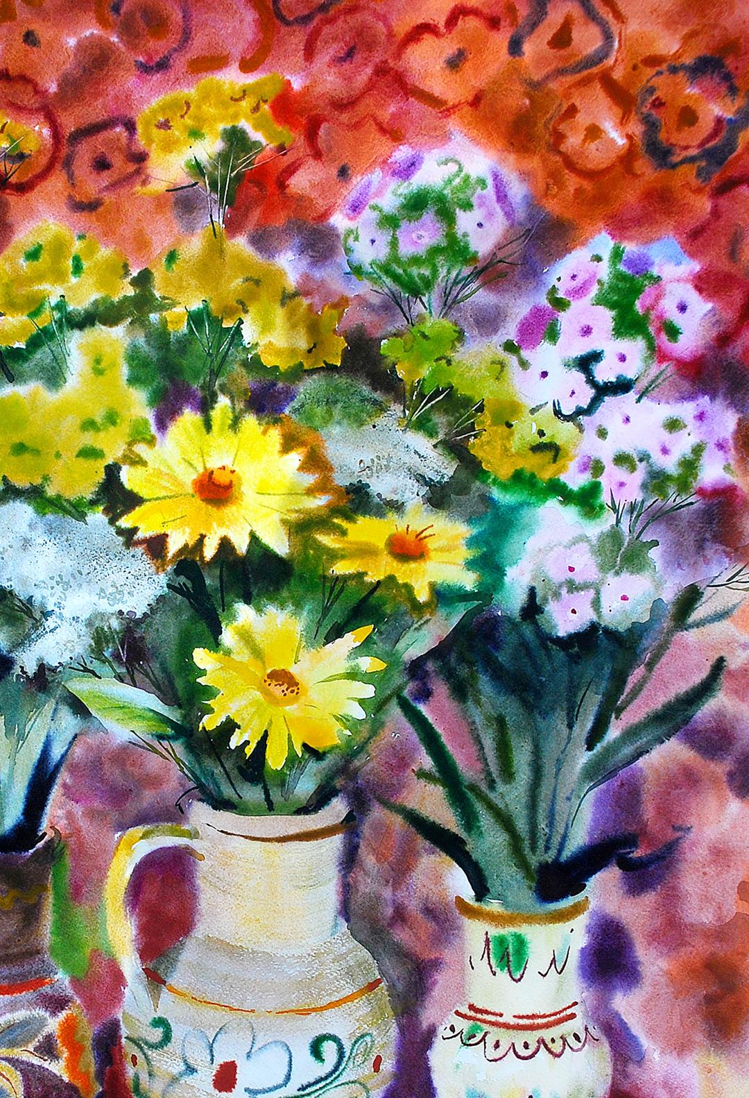 Vibrant watercolor painting of flowers on table by Egor Shvachunov