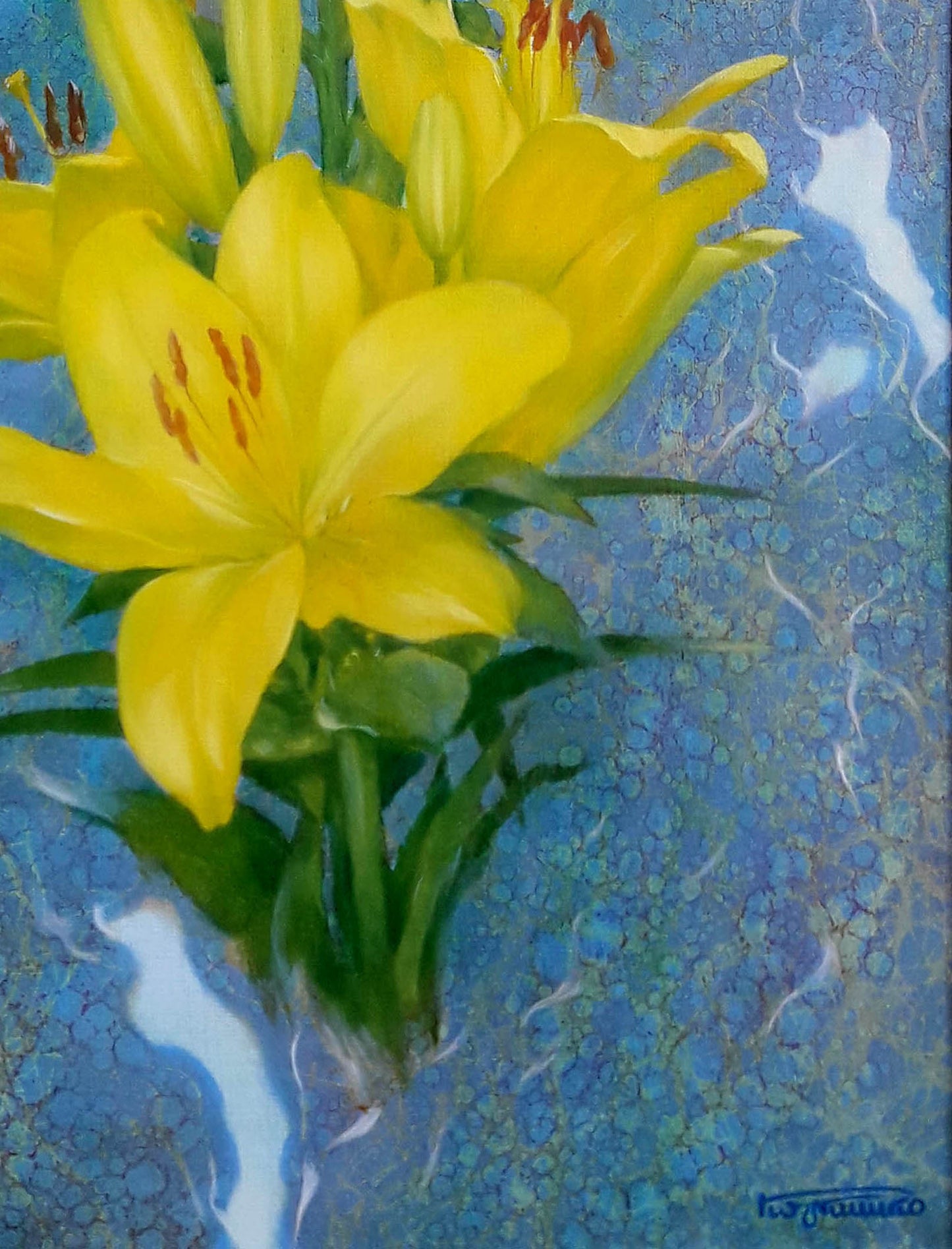 Oil painting of vibrant yellow lilies by Vasily Korkishko