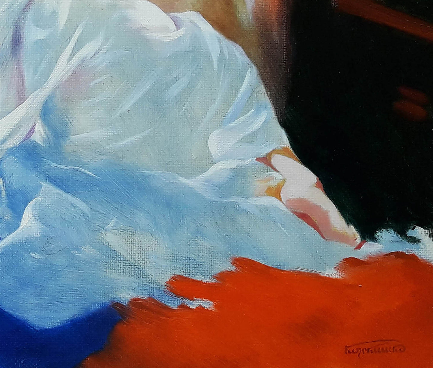 Oil painting portrait of sleeping girl by Vasily Korkishko with flowing white fabric
