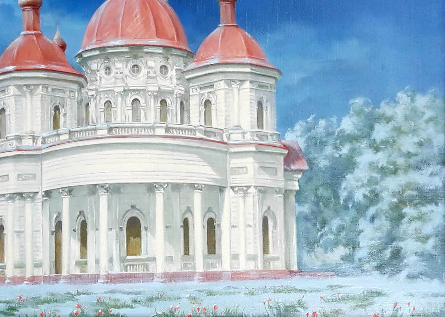 Oil painting of Bryansk Nikolaev Church by Korkishko Vasily with red domes