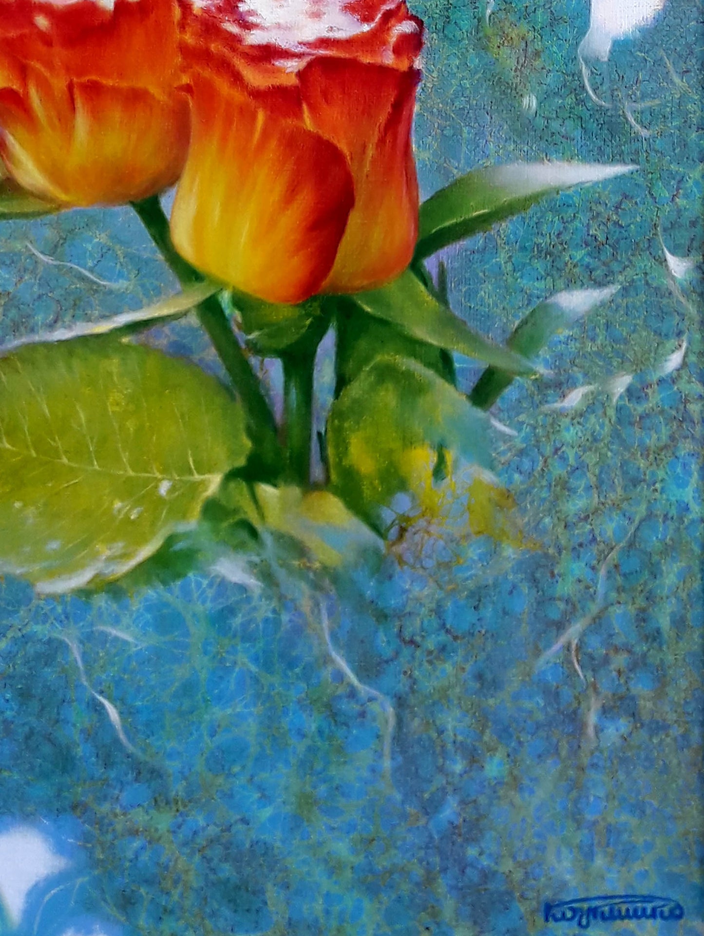Vibrant orange roses oil painting by Vasily Korkishko on blue background