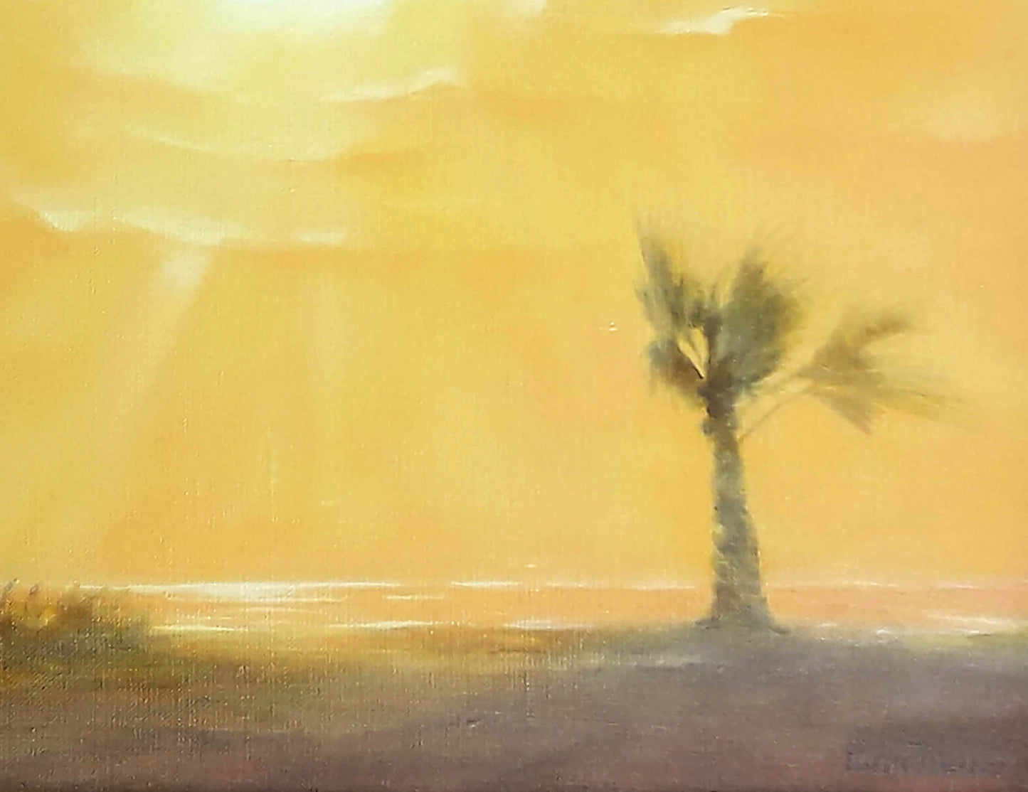 Oil painting of solitary palm tree at golden sunset by Egypt Korkishko Vasily