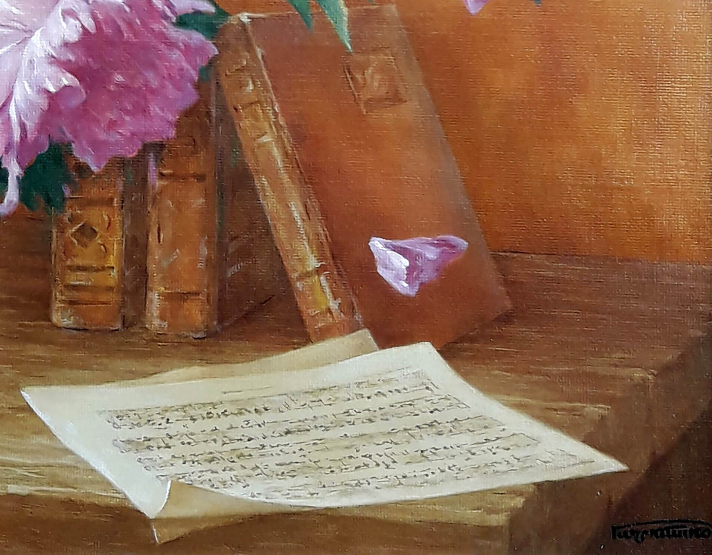 Oil painting of soft pink peony still life by Vasily Korkishko