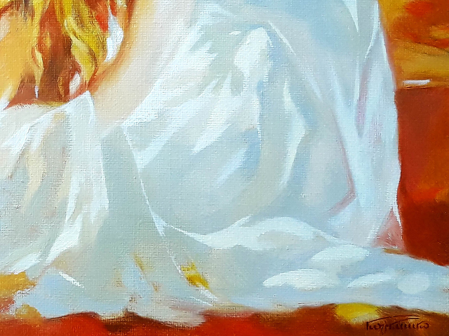 Oil painting of girl in towel by Vasily Korkishko with flowing white fabric