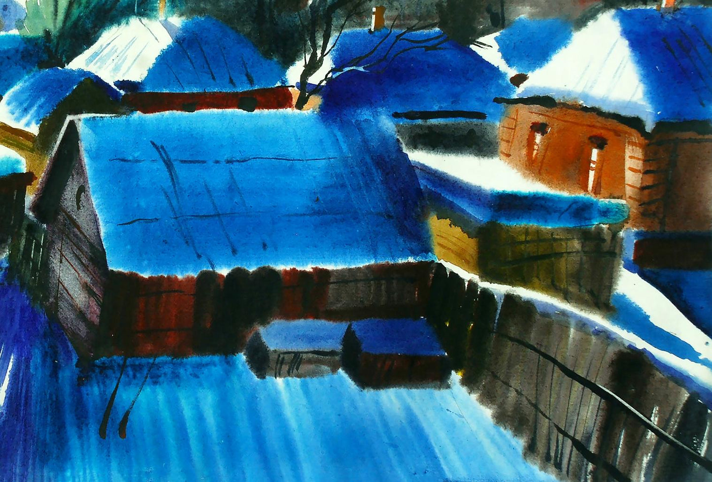 Watercolor painting Winter in Lebedyn by Egor Shvachunov snowy village