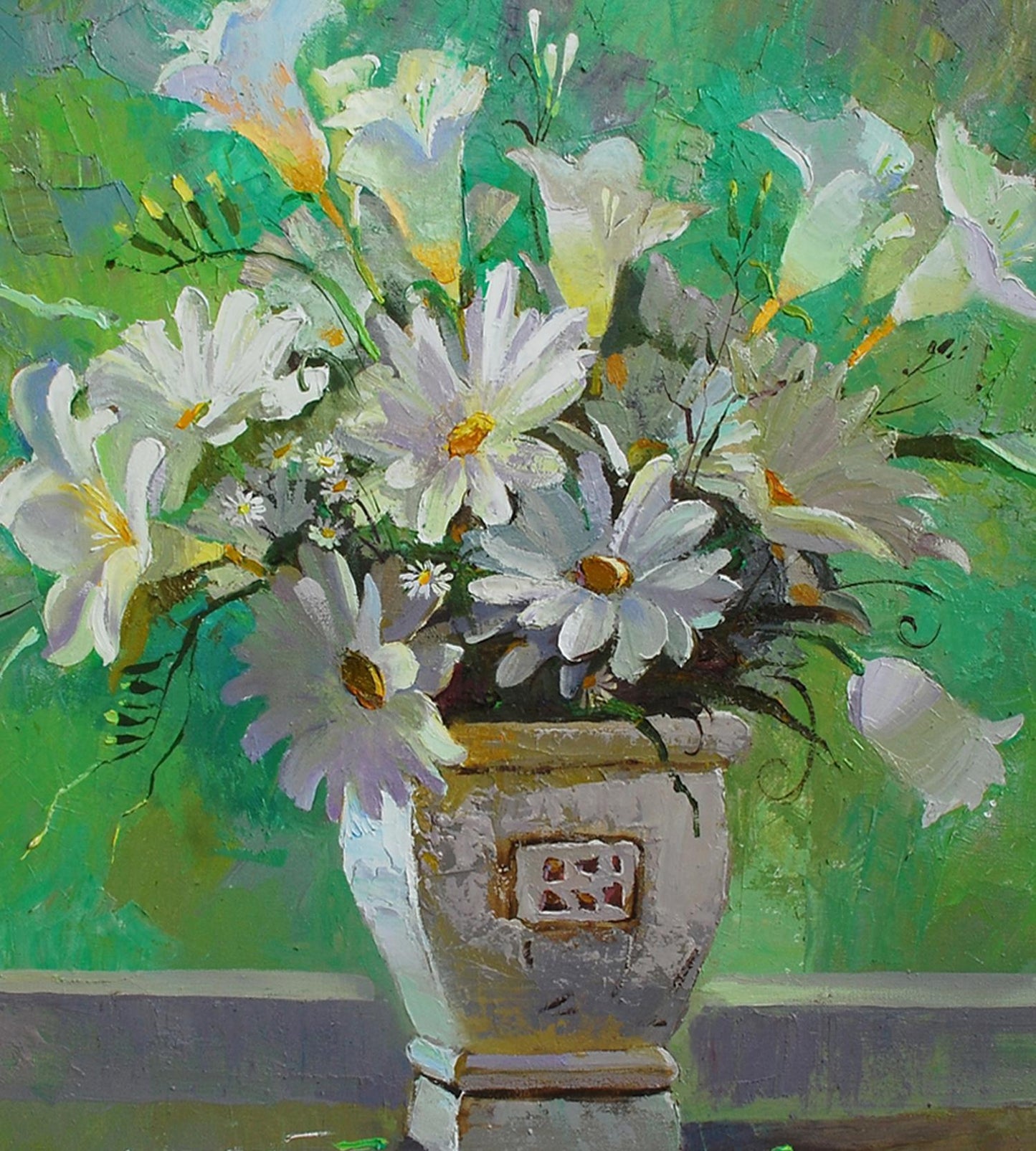 Oil painting of daisies and lilies in stone urn by Egor Shvachunov