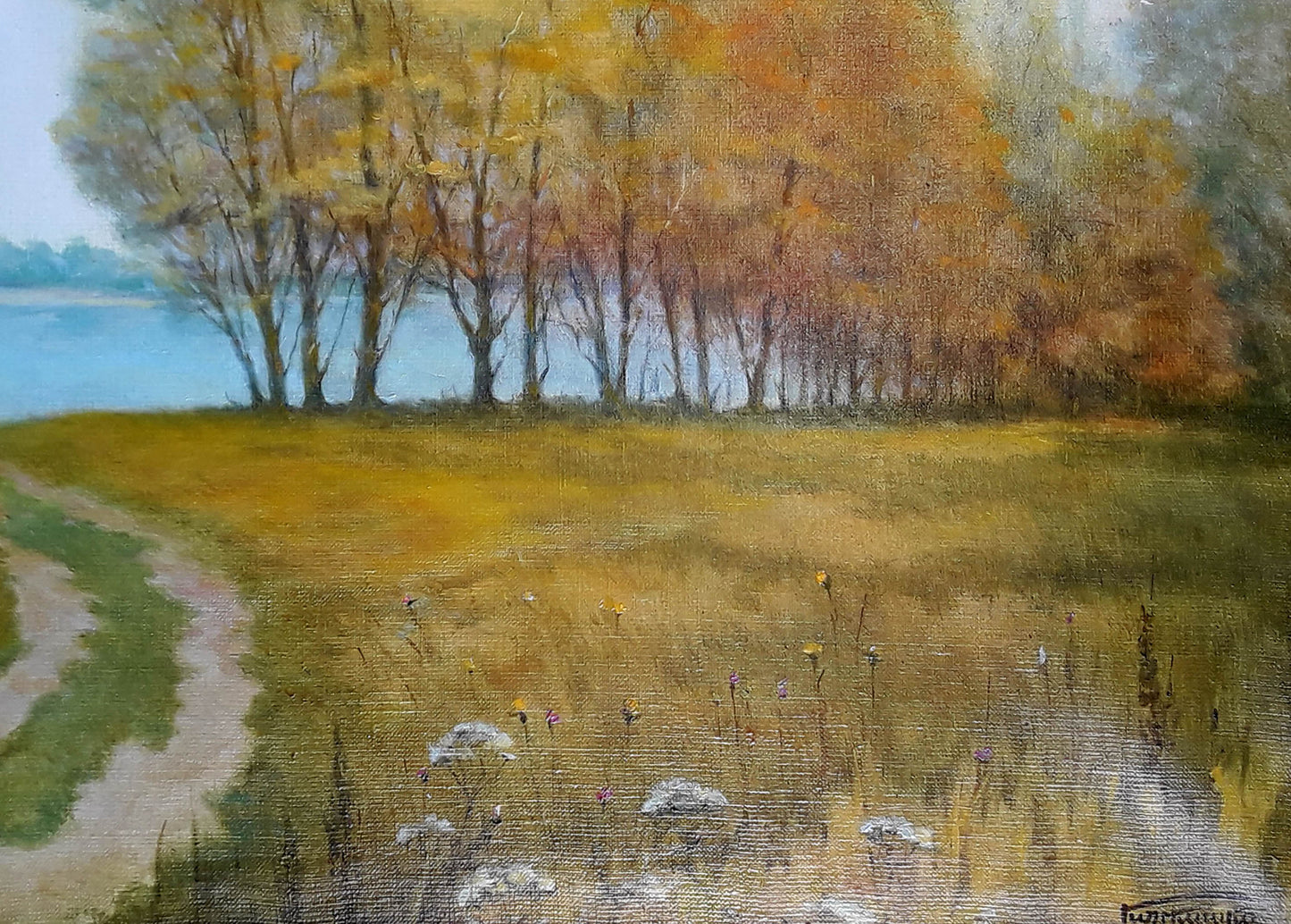Oil painting Autumn by Korkishko Vasily: golden trees by lake