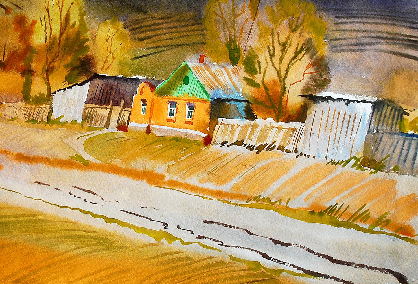 Watercolor painting of rustic yellow house by Egor Shvachunov