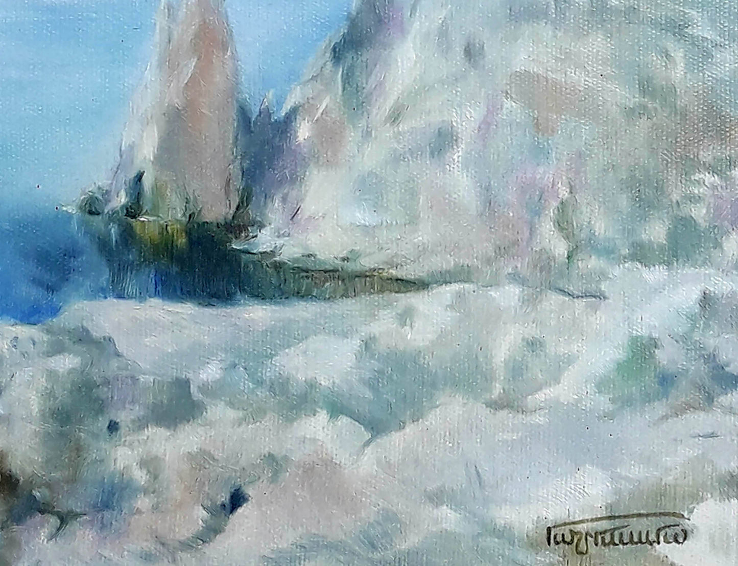 Impressionistic oil painting by Korkishko Vasily of pink coastal cliffs