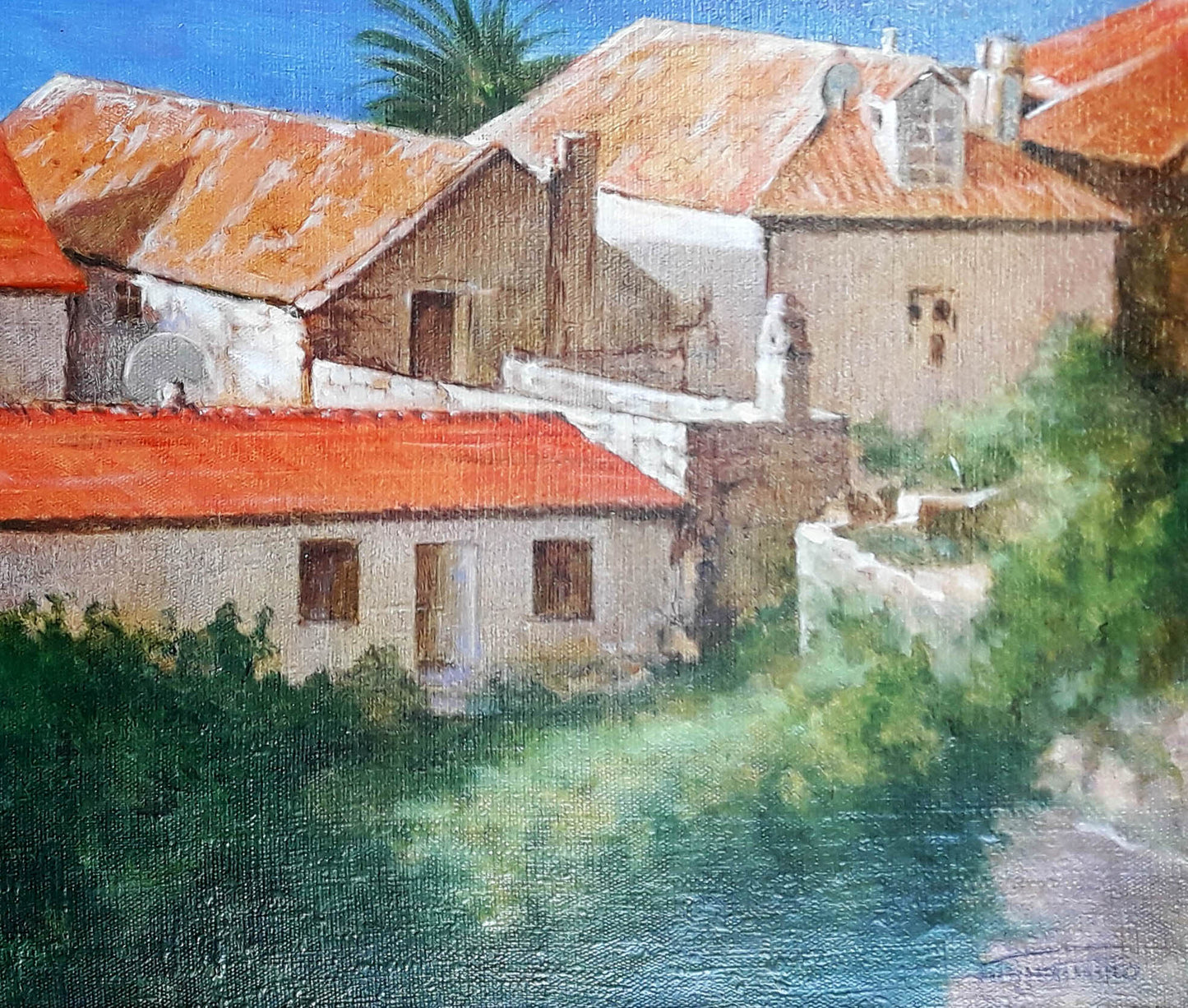 Oil painting Villas by the Sea by Vasily Korkishko, rustic houses by river