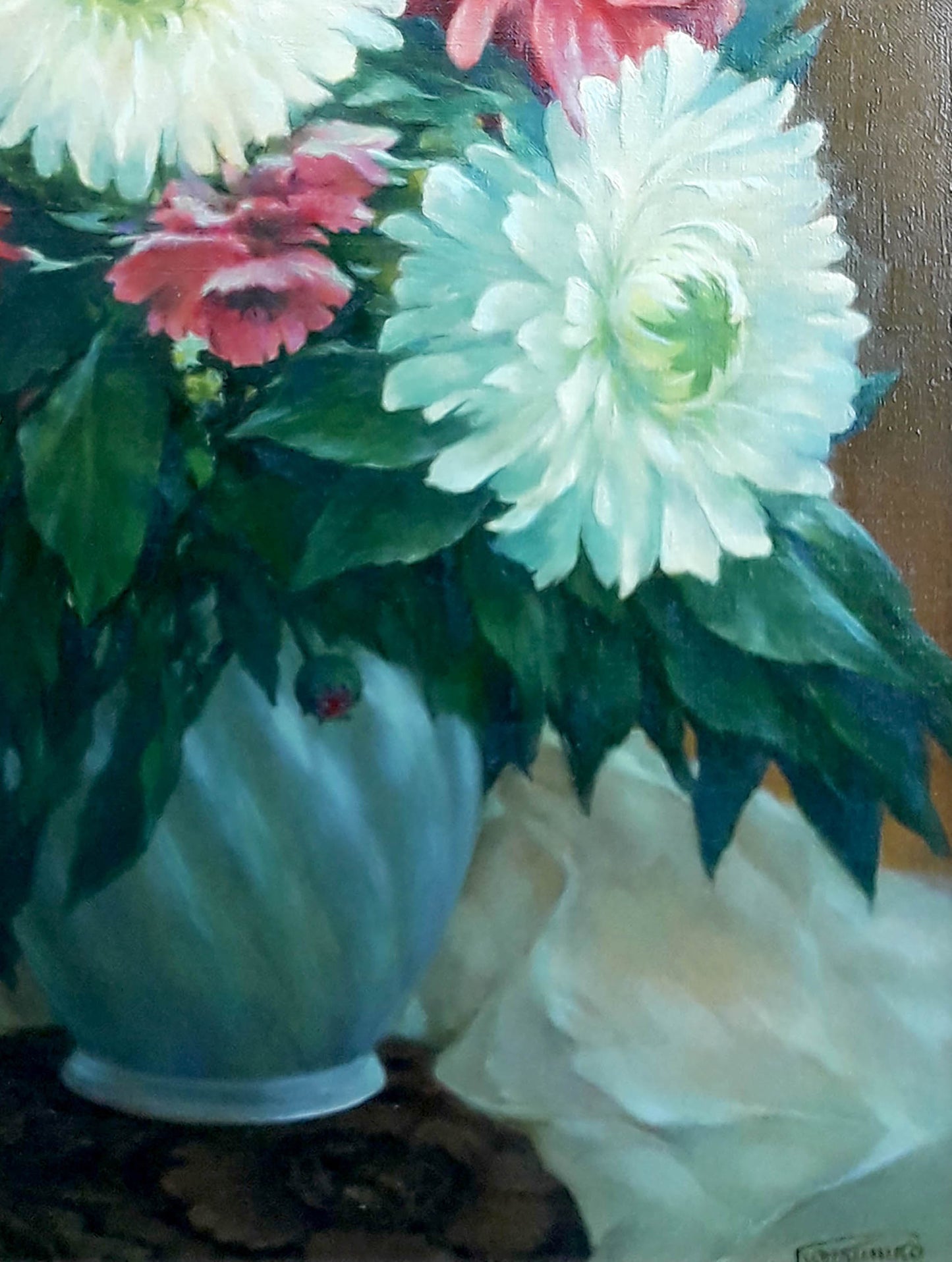Oil painting Festive still life Korkishko Vasily: light blue ribbed vase with white pink flowers