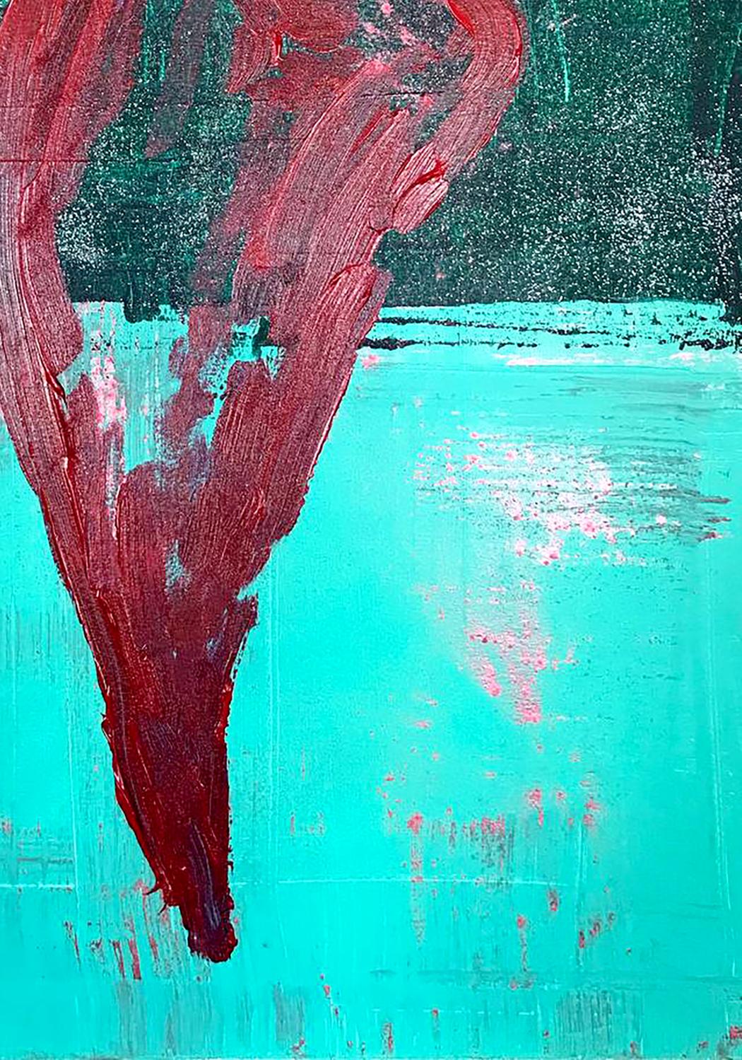 Abstract acrylic painting Pepper Melezhik Olga with bold red brushstrokes on turquoise