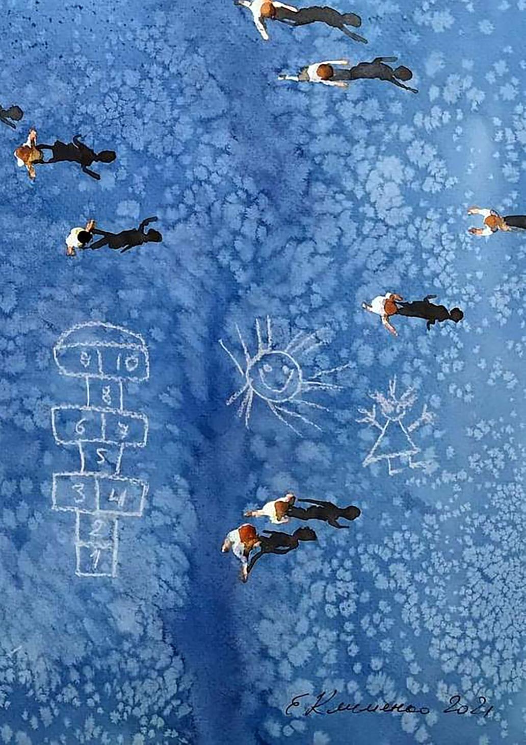 Whimsical watercolor hopscotch chalk drawing by Elena Klimenko, noisy yard