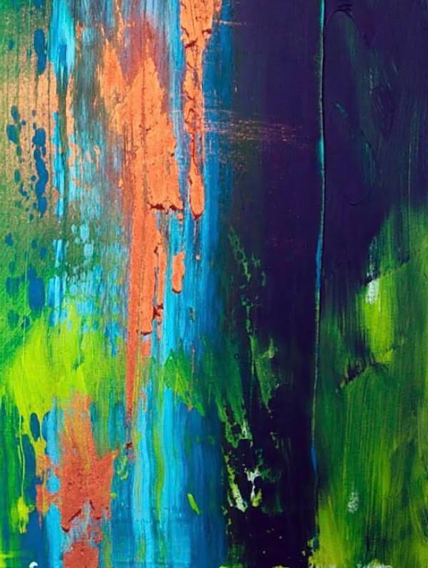 Vibrant Charm Melezhik Olga acrylic painting with orange teal lime streaks on purple