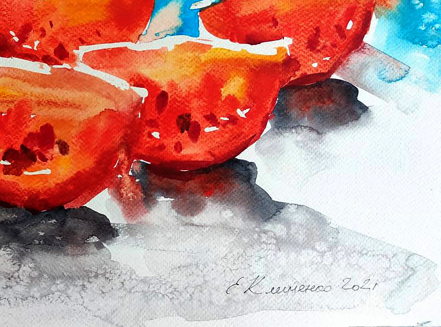 Vibrant red watercolor pomegranates by Elena Klimenko tomatoes painting