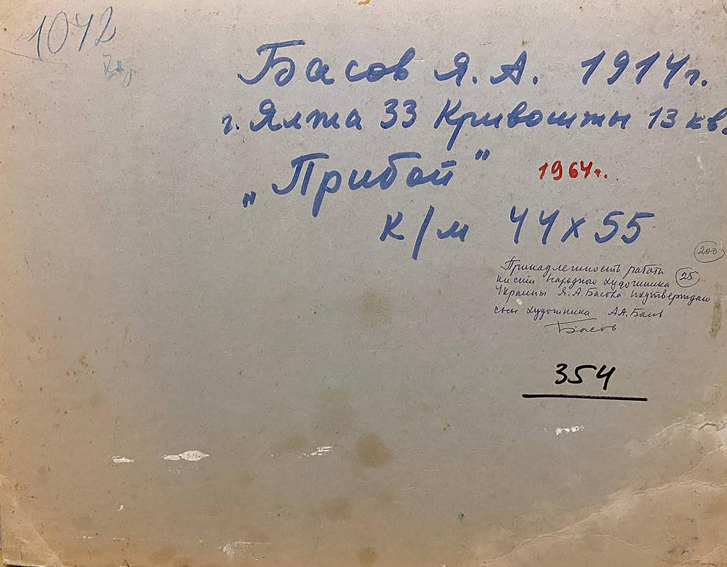 Back of Surf oil painting by Basov Yakov Aleksandrovich: handwritten blue ink inscription on aged paper