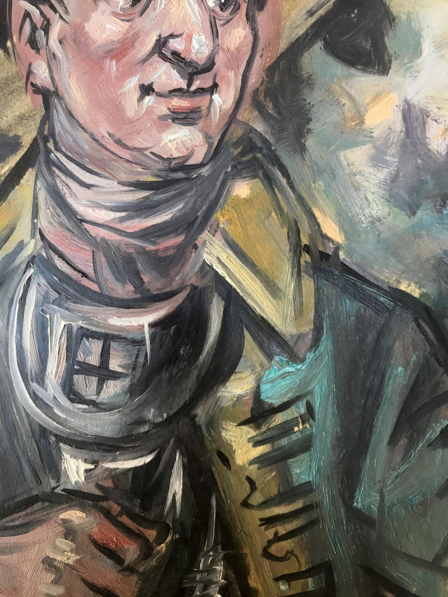 Oil painting portrait of soldier in yellow overcoat by Alexander Litvinov