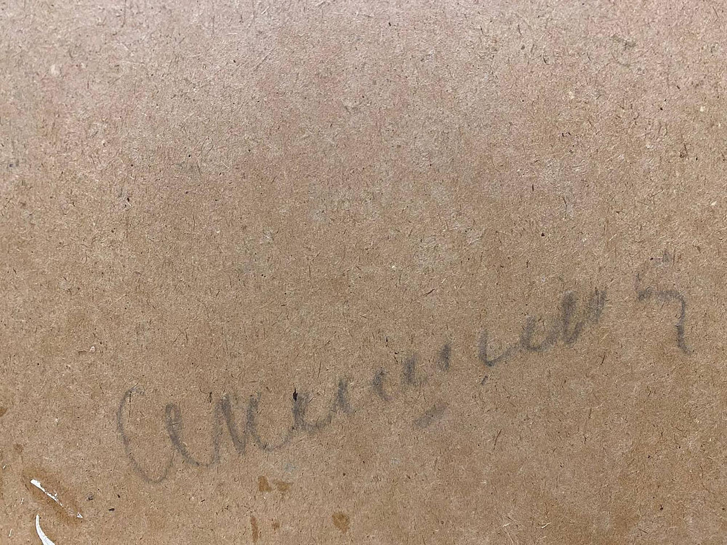 Back of rustic apple oil painting: faint gray handwritten signature on cardboard