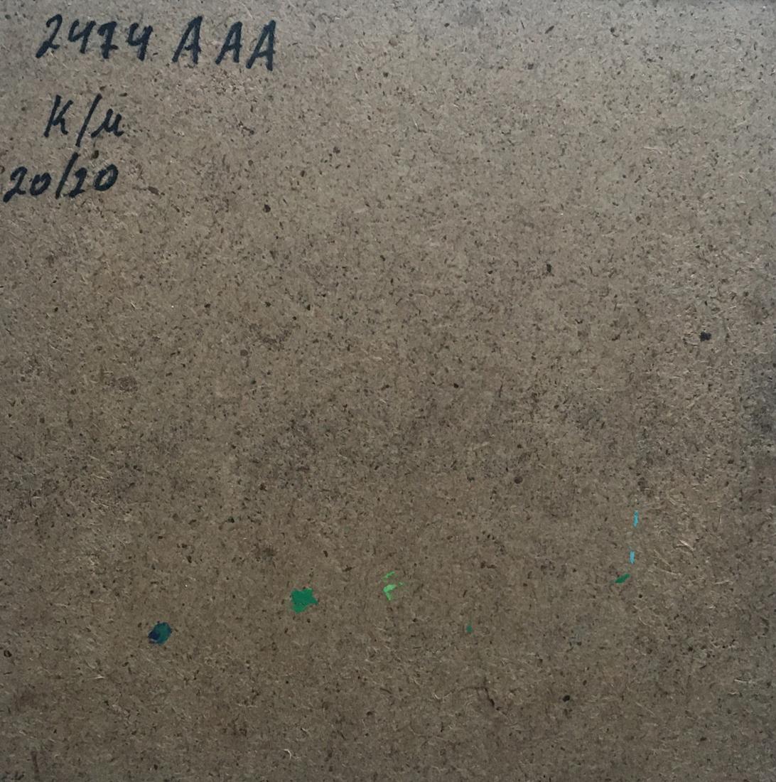 Back of oil painting Mountain view V. Zadorozhnya on brown cardboard with paint splatters