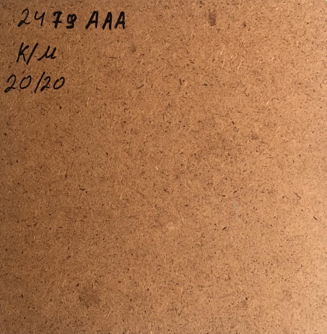 Back of Oil painting Carpathians V. Zadorozhnya on brown particle board with black ink markings