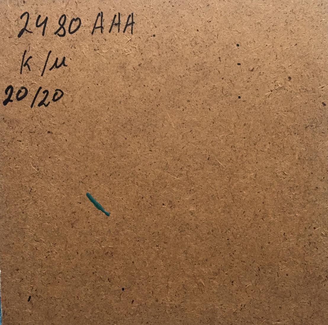 Back of Oil painting House by the coast Zadorozhnya V.V. on brown particle board with handwritten markings and small green object