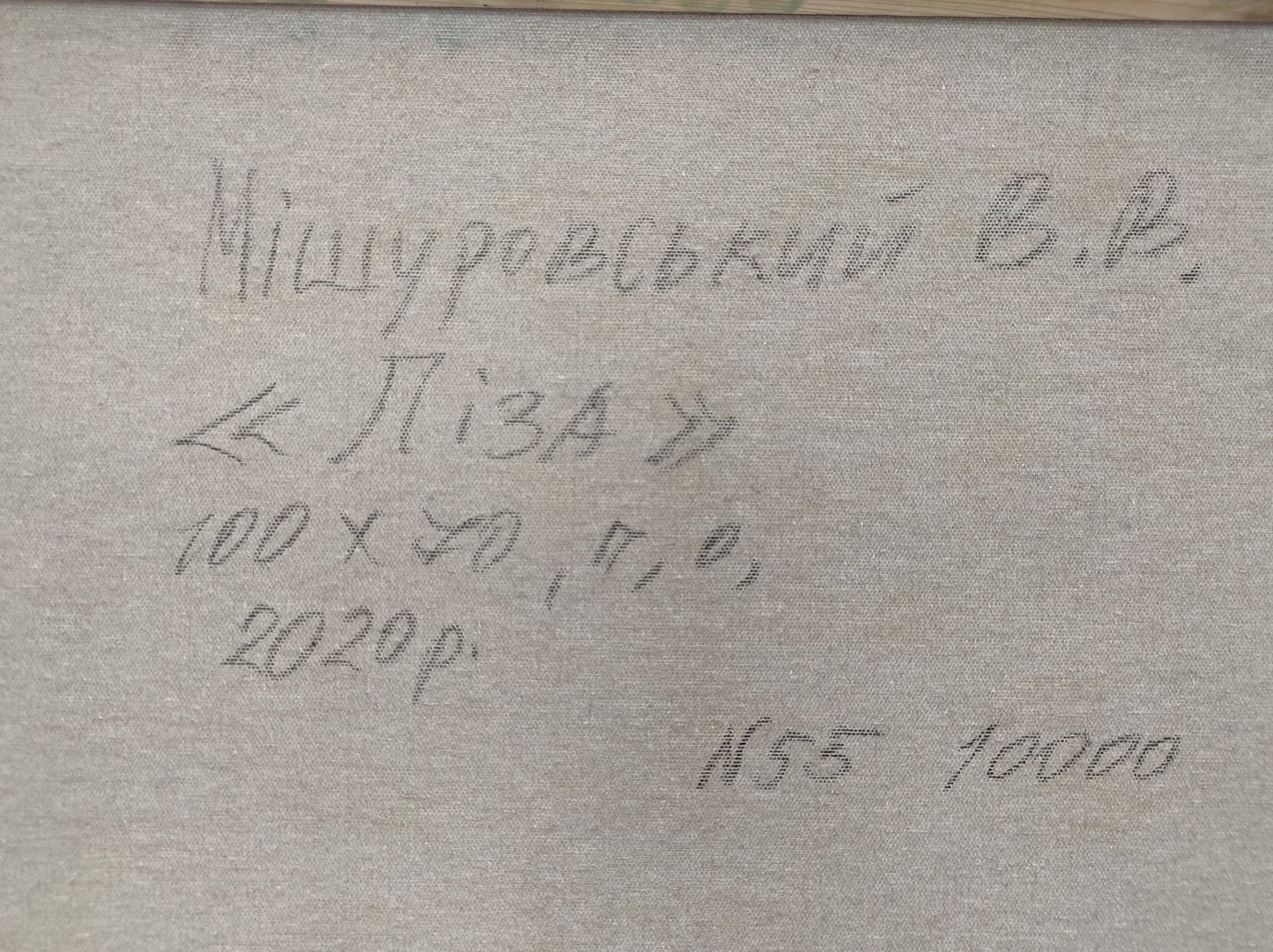 Handwritten inscription on back of oil painting Lisa Mishurovsky V. V. canvas