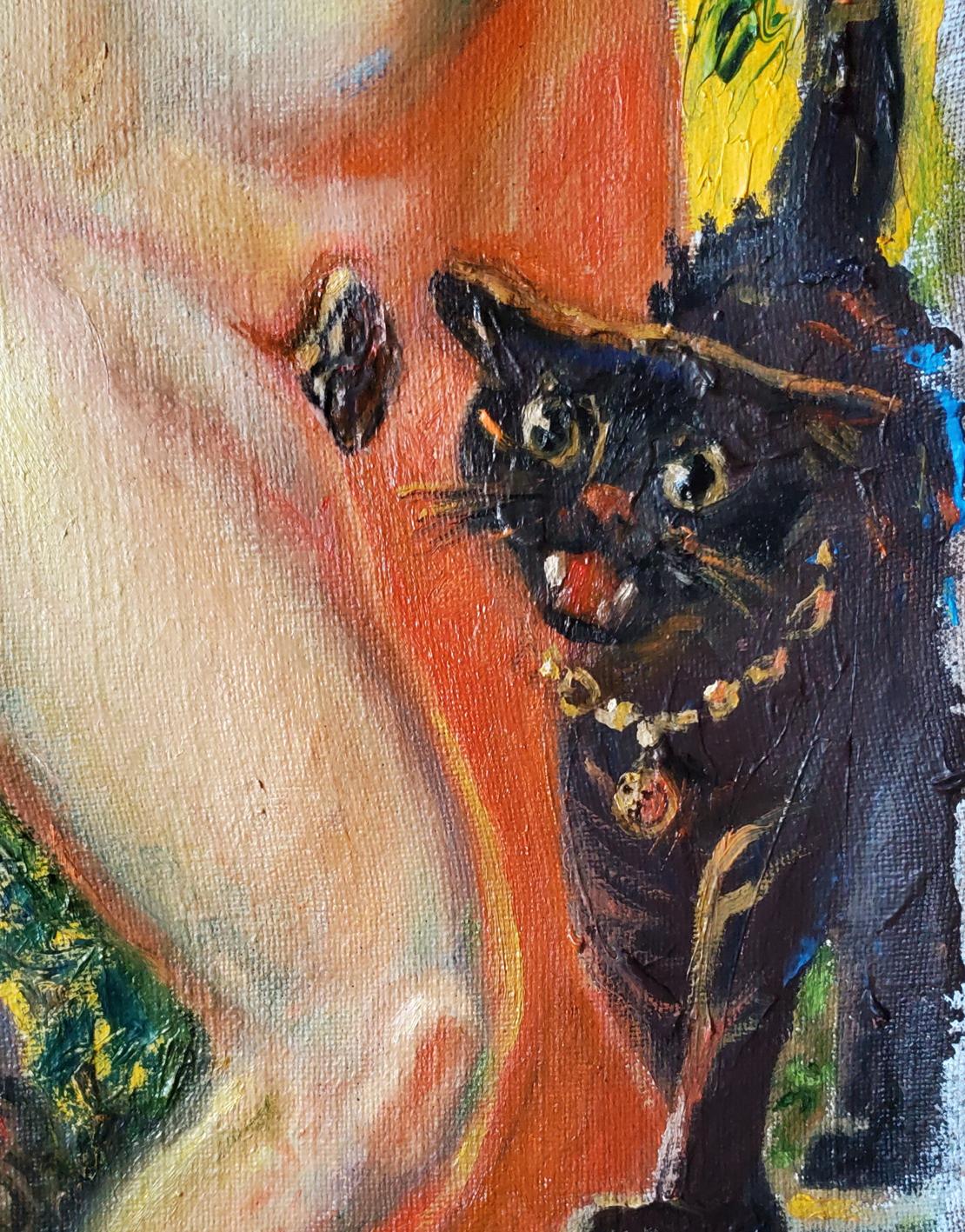 Oil painting by Litvinov Daniil Olegovich: black cat with wide eyes, red tongue, gold necklace