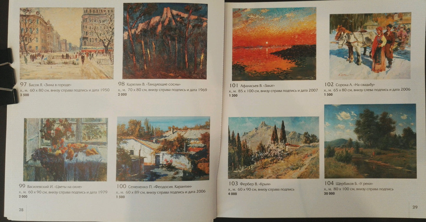 Open book of oil paintings by Yakov Alexandrovich Basov with labels