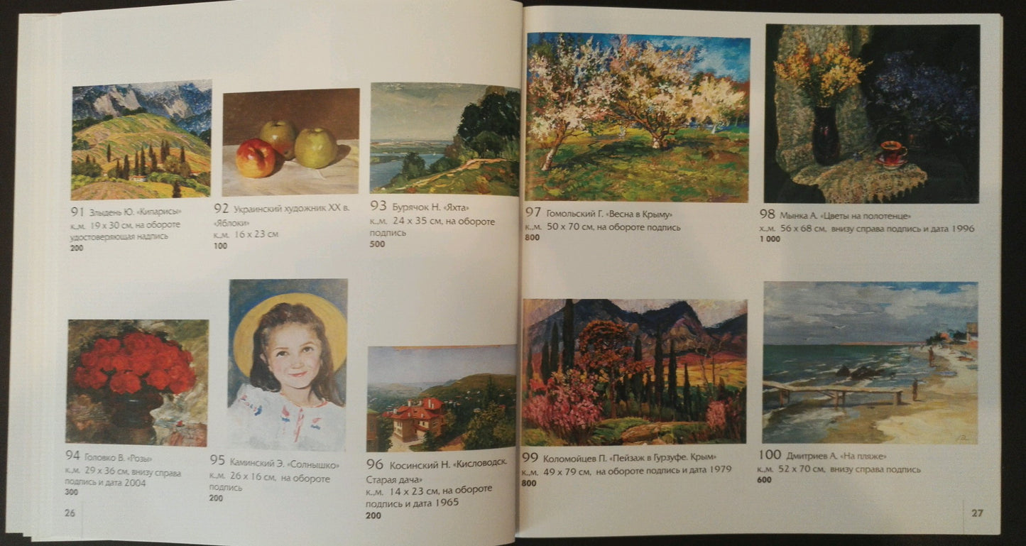 Catalog page of Mynka paintings including Oil painting Flowers on a towel with R. titles and dimensions