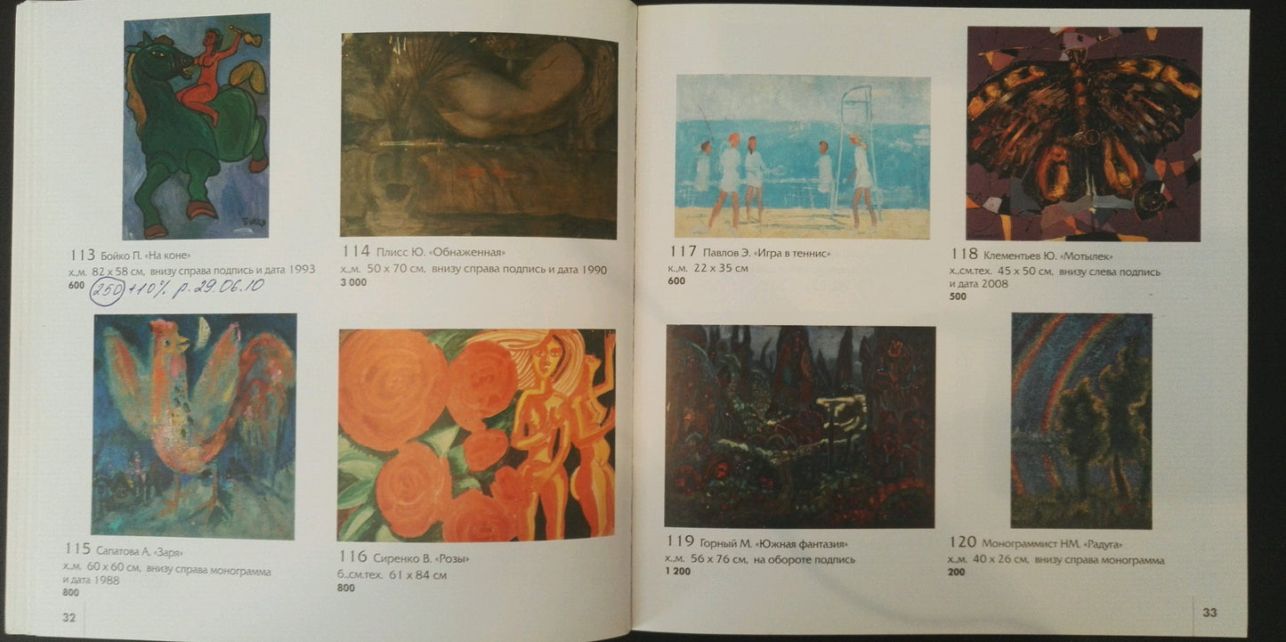 Abstract oil painting Kingdom Gornyy art catalog spread with titles, sizes, prices