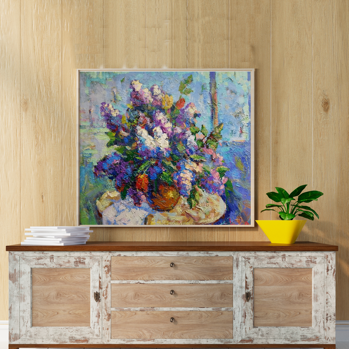 Vibrant impressionist oil painting of lilac bouquet in golden vase by Ivanyuk Oksana