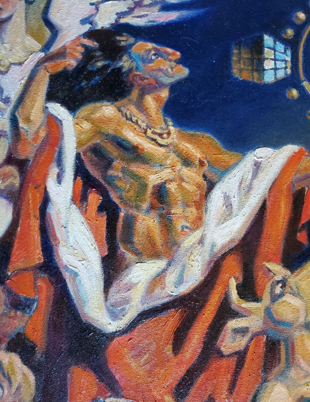 Oil painting Philosopher’s Stone by Litvinov Daniil Olegovich, muscular blue-masked figure in orange robe