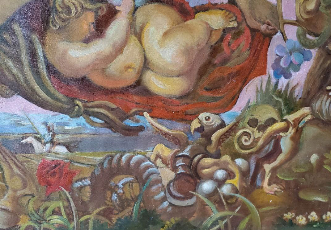 Chubby nude figure reclines on red cushion in Oil painting dreams by Litvinov Daniil Olegovich