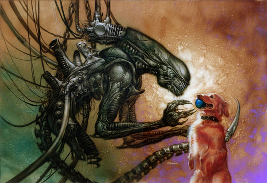 Menacing biomechanical alien extends clawed hand to golden retriever with blue ball