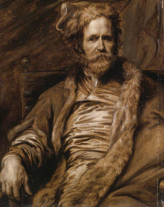 Man in grisaille with full beard, curly hair, fur-lined coat