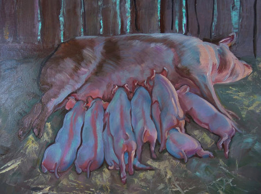 Mother sow with brown-pink patches nurses blue-toned piglets in artistic painting