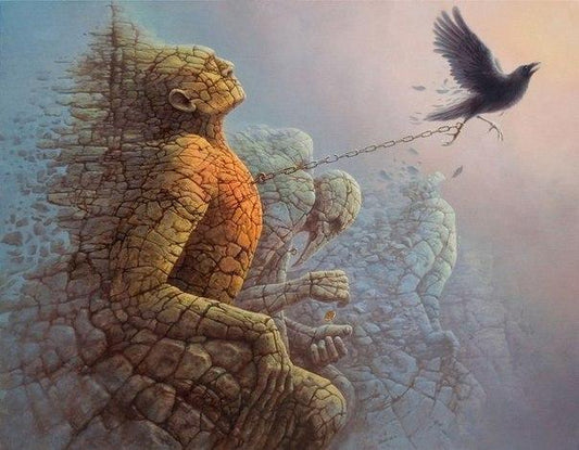 Black crow flies from cracked stone humanoid in philosophical art.