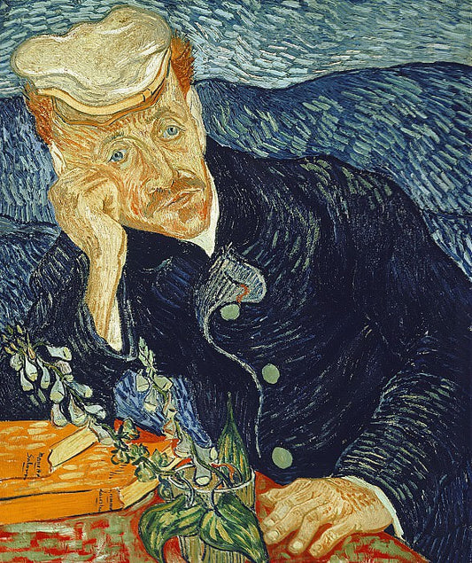 Man in dark blue coat and white hat rests head on hand amid green foliage in tech-painting revolution